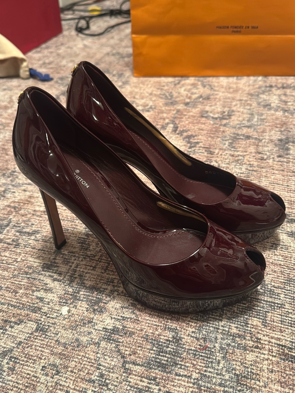 Louis Vuitton Glossy Burgundy Patent Peep-Toe Stiletto Pumps